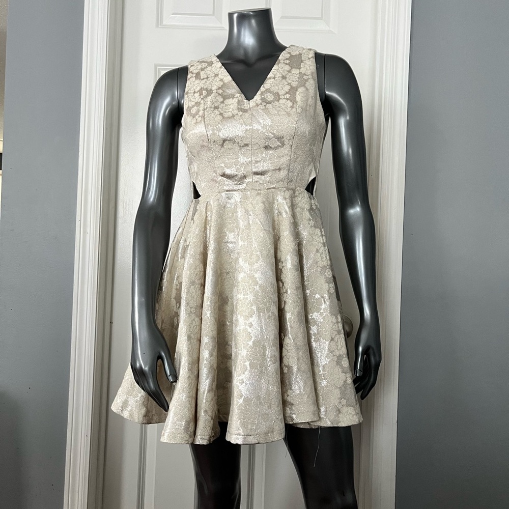 Elegant Silver Metallic & Cream Floral Skater Mini Dress